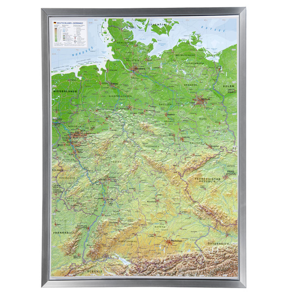 Georelief Duitsland 3D reliëfkaart, groot, met aluminium frame (Duits)