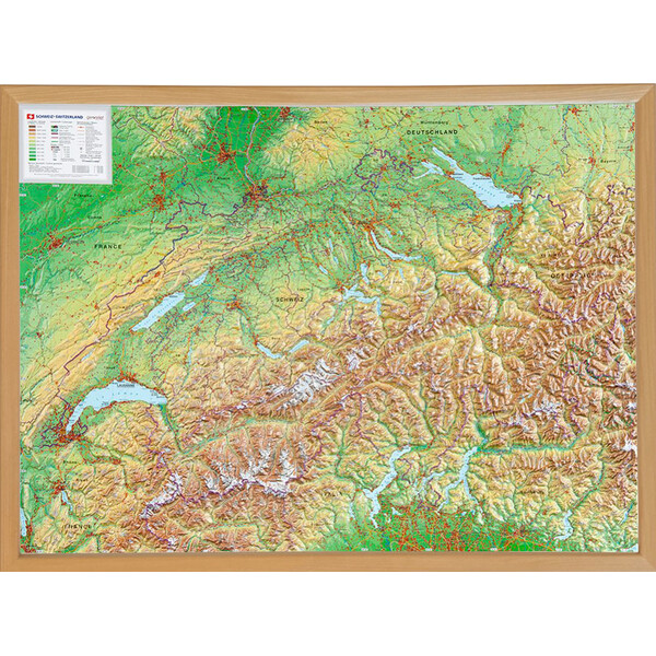 Georelief Zwitserland 3D reliëfkaart, groot, met houten frame (Duits)