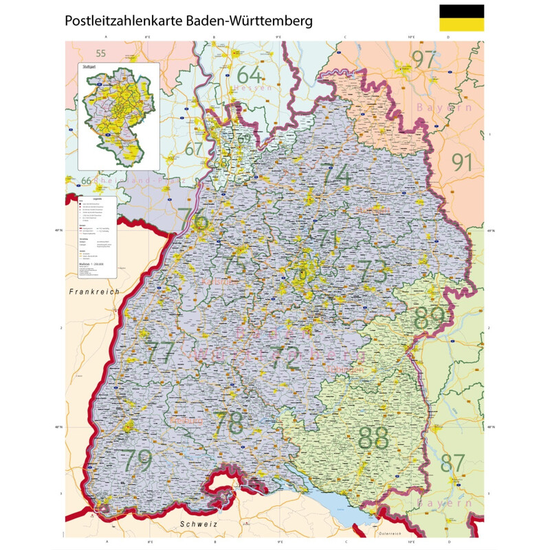 GeoMetro Regionale kaart Baden-Württemberg Postleitzahlen PLZ (100 x 123 cm)